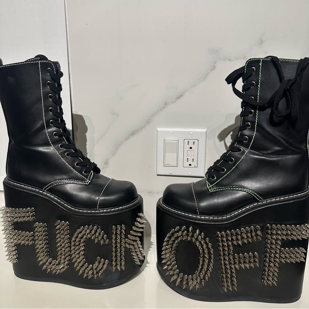 Dolls Kill Never Censored F off Black Platform Boots with Studs